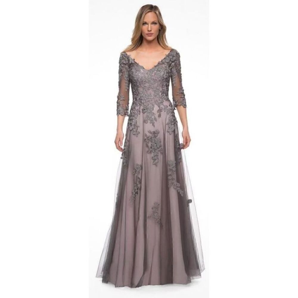 La Femme 29205 Floral Embroidered A-line Gown in Pink & Gray NWOT Size 2